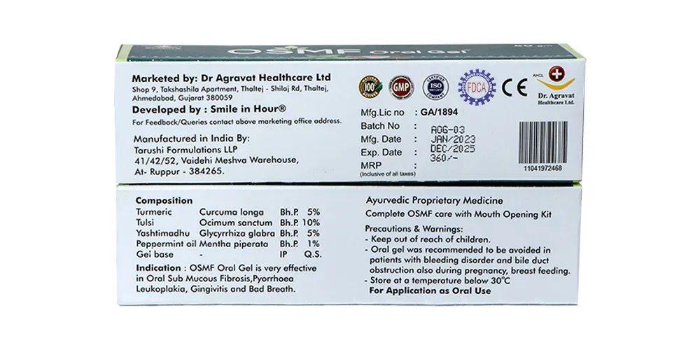 OSMF Oral Gel Burning Sensation Eating Mouth Ulcers Mumbai Maharashtra India Dr Agravat Healthcare Ltd Ce Certified