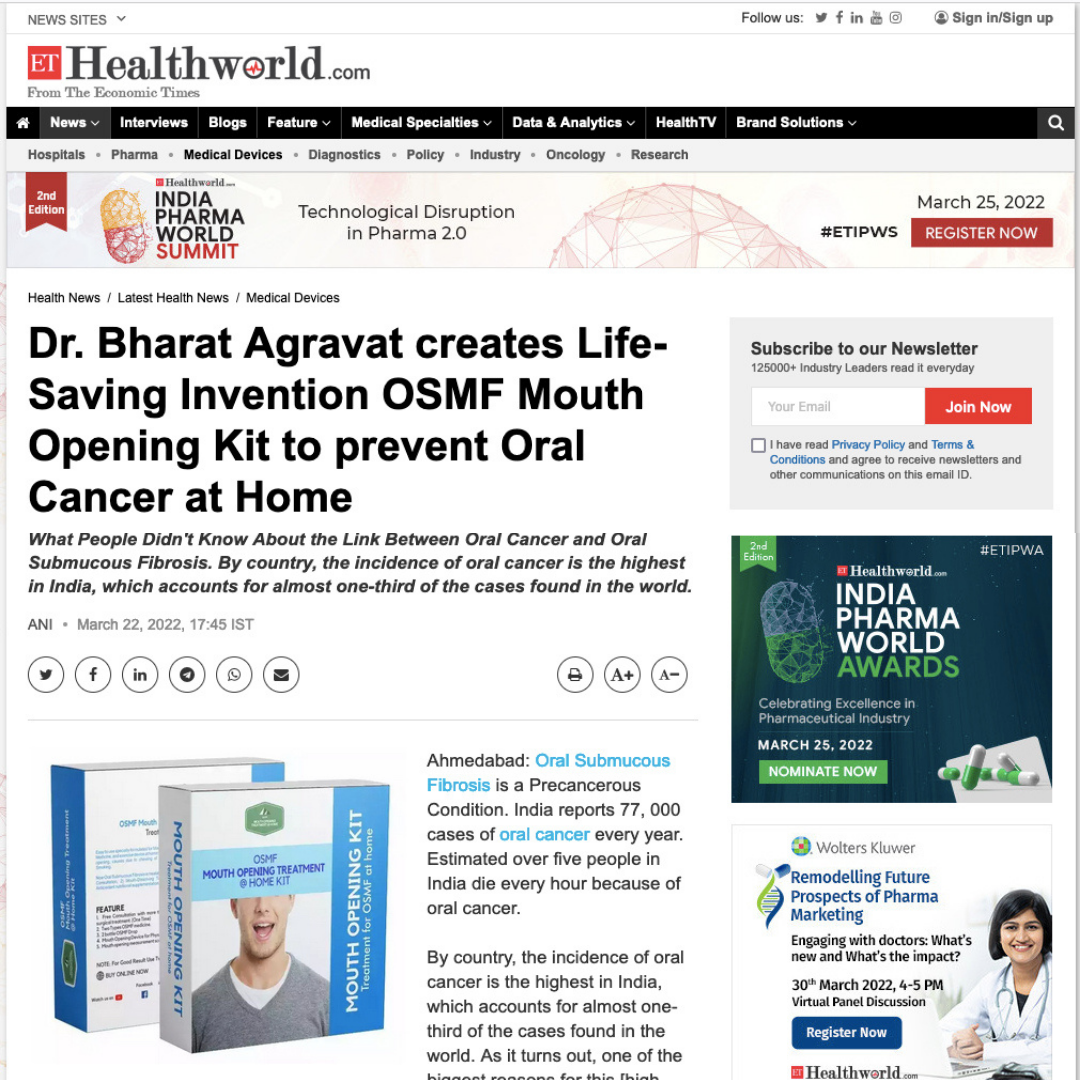 Et Healthworld Healthcare Published News Dr Bharat Agravat creates Life-Saving Invention OSMF Mouth Opening Kit