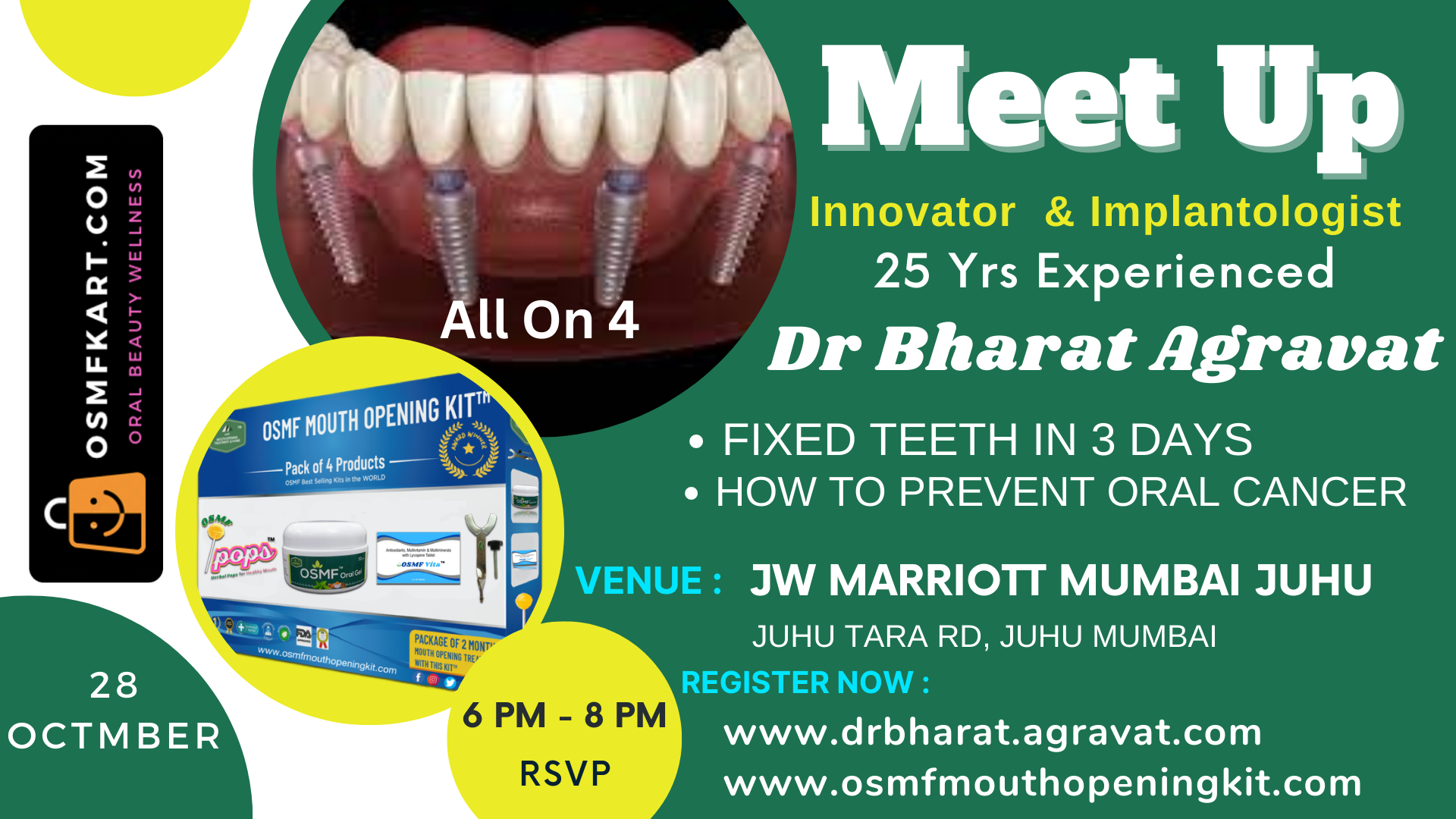 Meet 25 yrs Experienced Implantologist & Innovator Dr. Bharat Agravat In Mumbai; Watch Him Talk On Fixed Teeth in 3 Days Dental Implants And OSMF Mouth Opening Kit